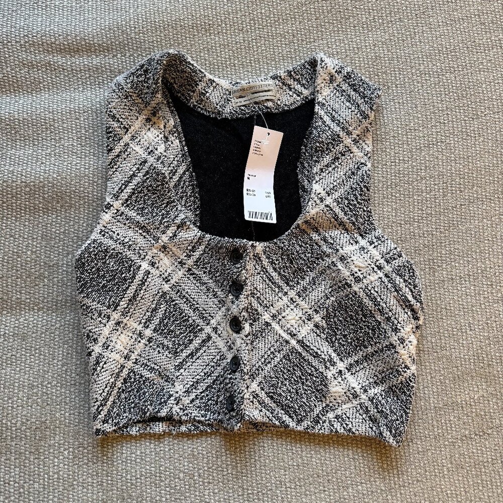 NWT Urban Outfitters Alexa Plaid Button-Front Cropped Top in Black & White - M